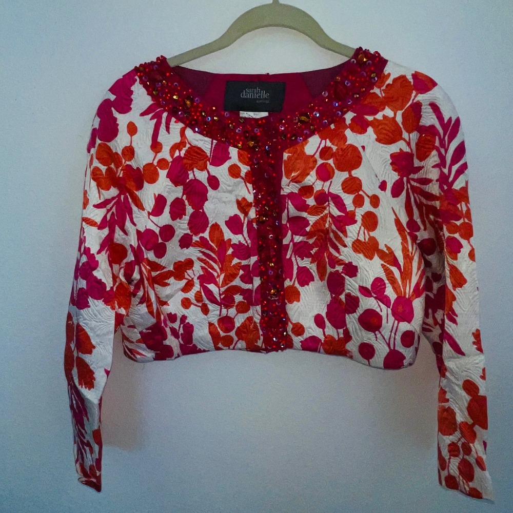 Sarah Danielle Evenings Silk Jacquard Beaded Bolero Jacket Sz 8 Fuchsia Floral